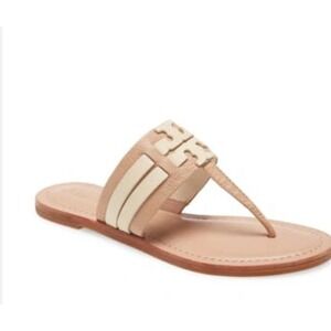 Tory Burch Leigh Women's Leather Logo Flip Flops Thong Sandals Cream Size 8.5M